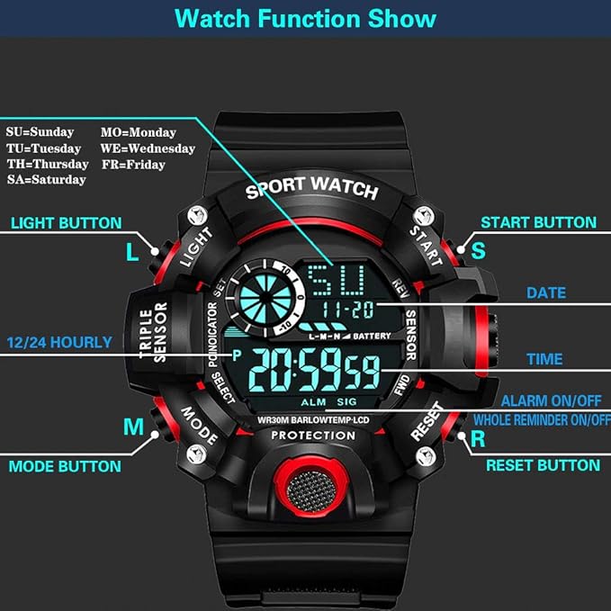 Shocknshop Digital Sports Multi Functional Black Dial Watch for Mens Boys -315RED
