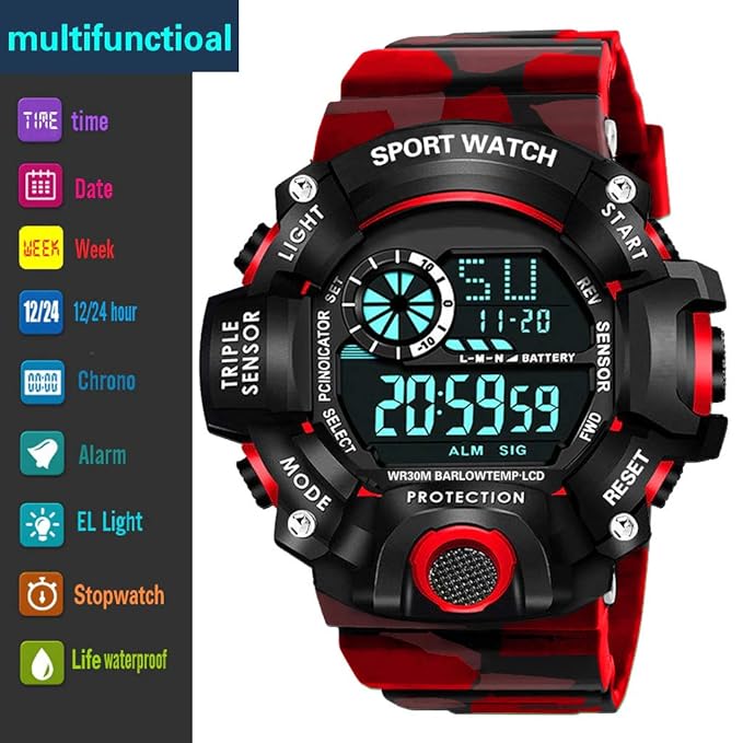 Shocknshop Digital Sports Multi Functional Black Dial Watch for Mens Boys -315RED